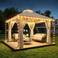 Aoxun 10x10 Outdoor Gazebo with 50FT LED Hanging Lights Metal Frame Canopy with Double Roofs Heavy Duty Party Tent Shelter with Mosquito Netting and Privacy Screen for Backyard, Lawn, Garden(Khaki)