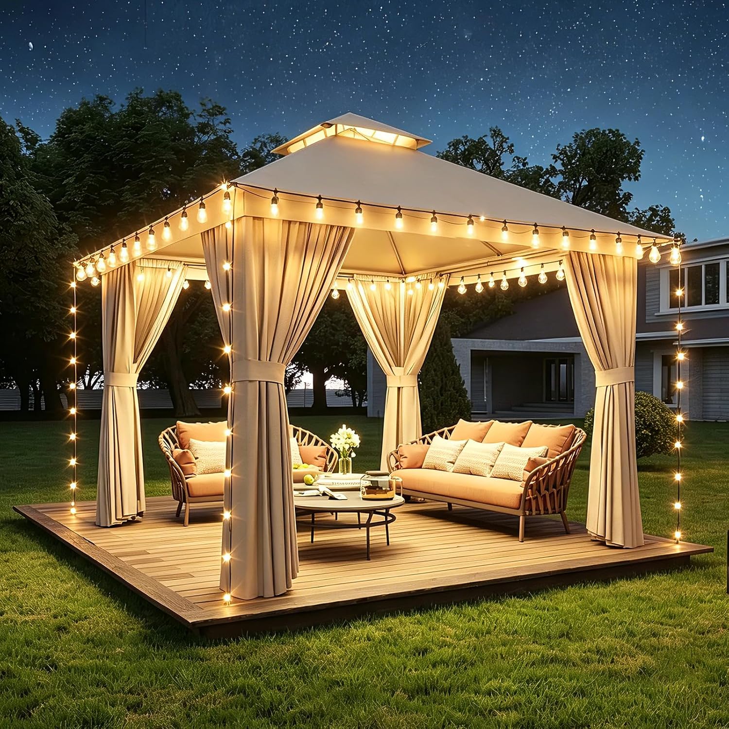 Aoxun 10x10 Outdoor Gazebo with 50FT LED Hanging Lights Metal Frame Canopy with Double Roofs Heavy Duty Party Tent Shelter with Mosquito Netting and Privacy Screen for Backyard, Lawn, Garden(Khaki)