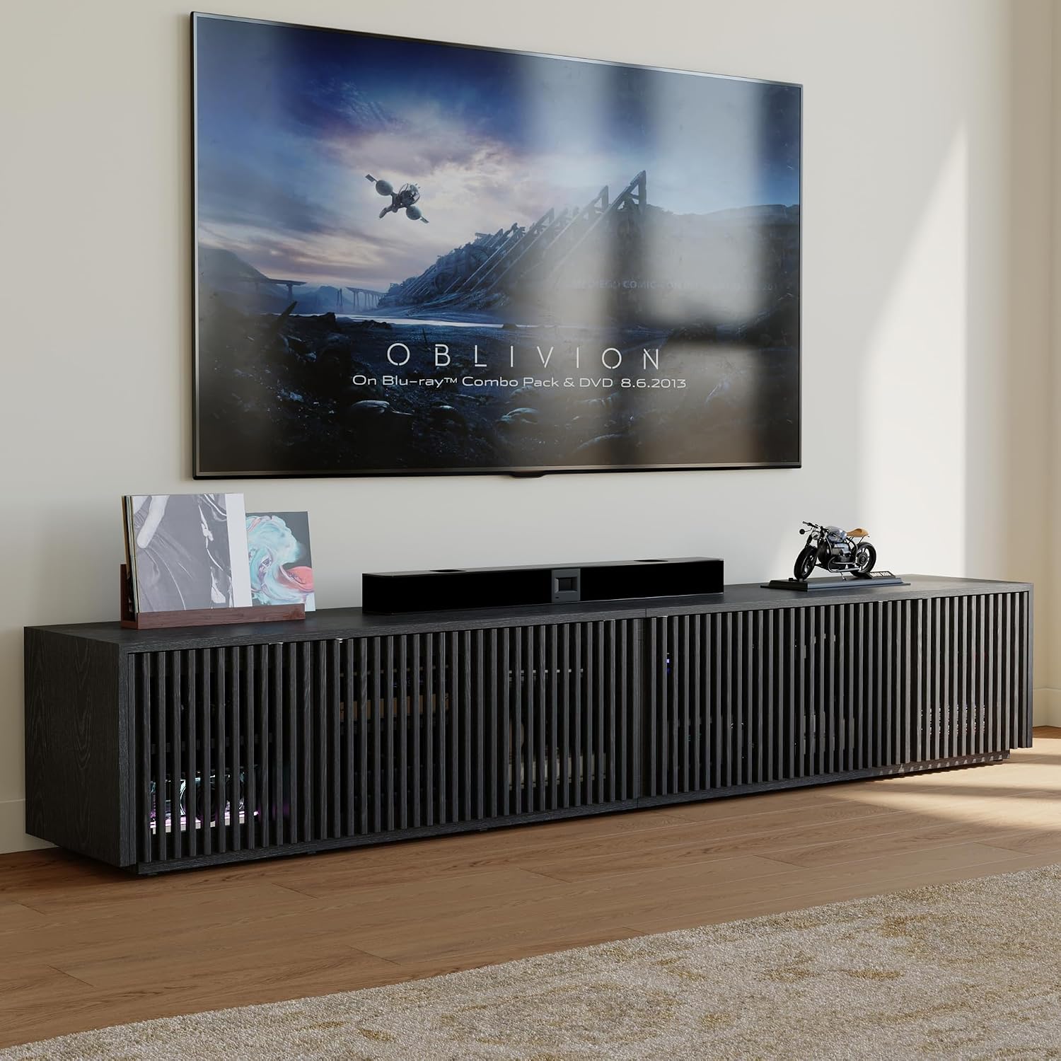 POVISON Full Assembled Mid Century Modern TV Stand, 95'' Wood Slatted TV Media Console for 85+ inch TV, Entertainment Center with Storage for Living Room Bedroom