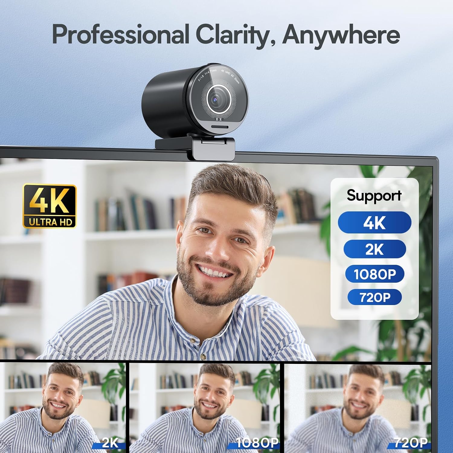 EMEET SmartCam S800 4K Webcam for Streaming, 1/2'' Sensor, Supports HDR, PDAF&TOF Dual-autofocus, 1080P@60fps, 2 Noise-Cancelling Mics, 40°-73° FOV, Perfect for Live Streaming & Online Meetings
