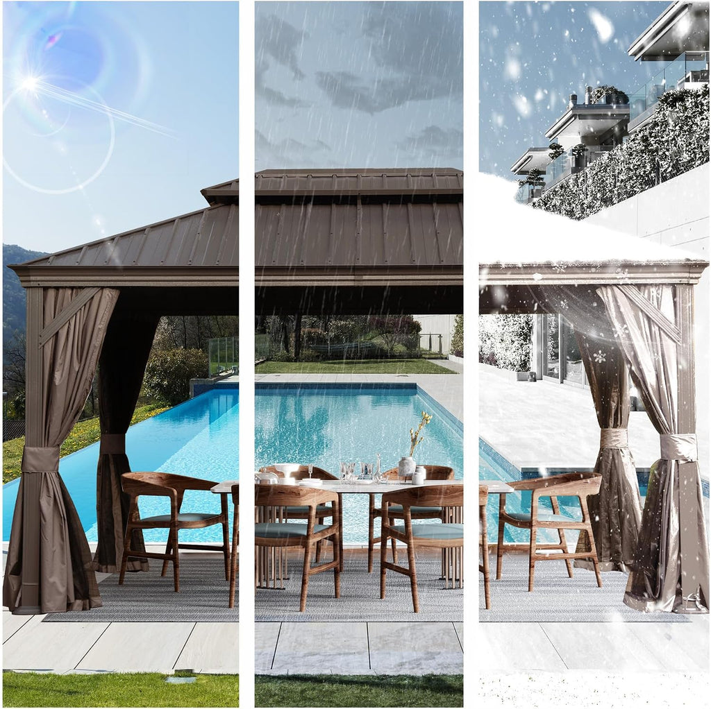 12' x 16' Outdoor Hardtop Gazebo with Gutters, Double Roof Galvanized Metal Gazebo for Backyard, Patio, Deck, Hot Tub, Heavy Duty Canopy Permanent Pavilion with Curtains and Netting, Brown