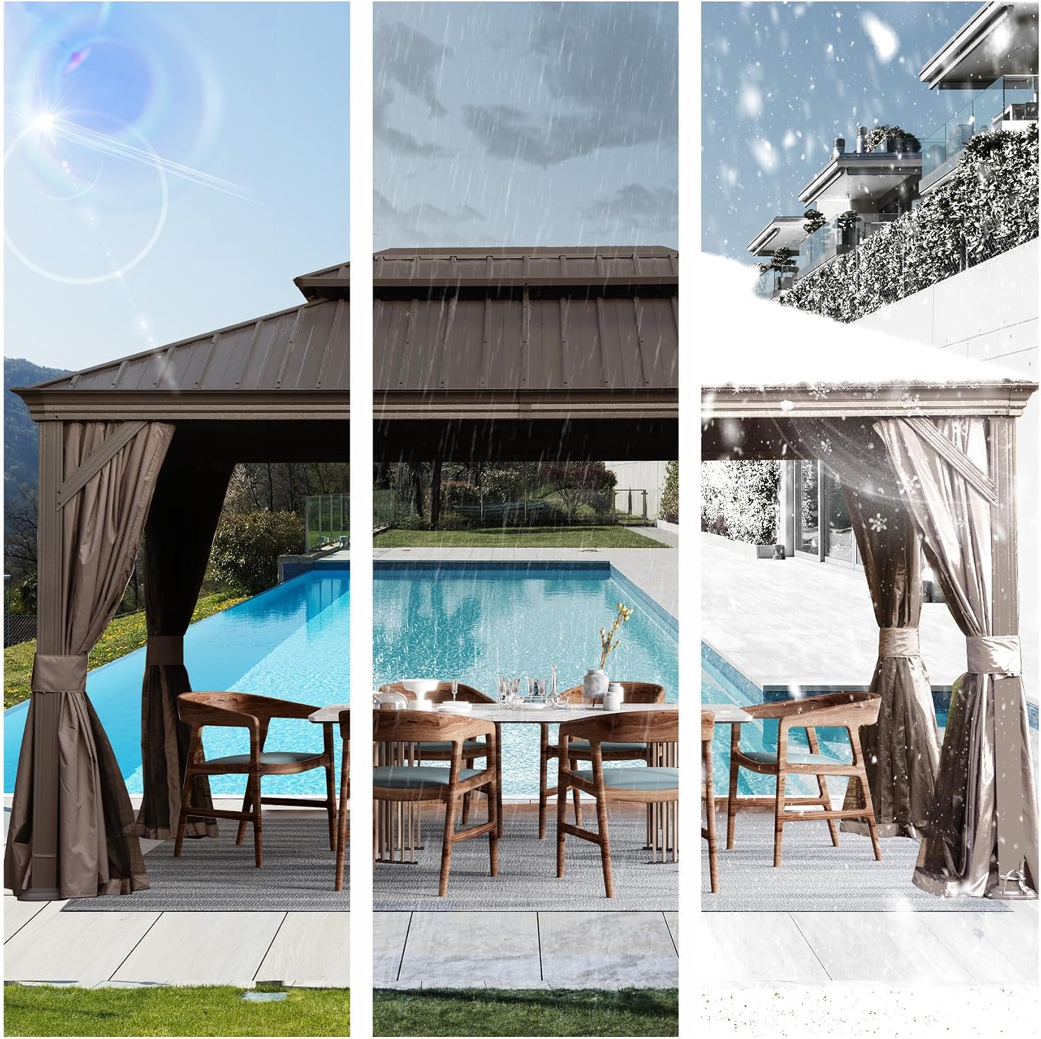 12' x 16' Outdoor Hardtop Gazebo with Gutters, Double Roof Galvanized Metal Gazebo for Backyard, Patio, Deck, Hot Tub, Heavy Duty Canopy Permanent Pavilion with Curtains and Netting, Brown