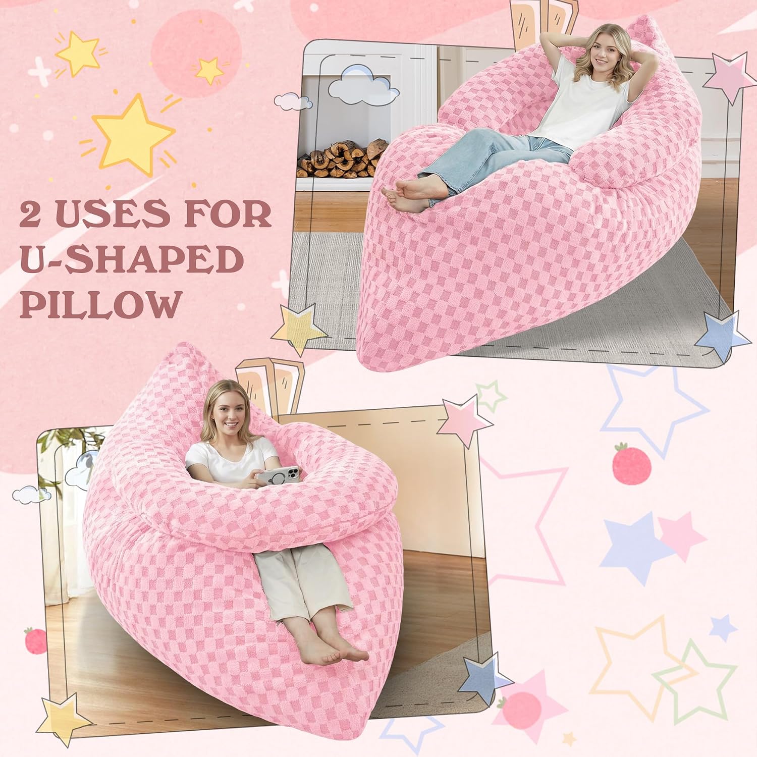 HABUTWAY 3 in 1 Bean Bag Chair with Portable U-Shaped Pillow, Giant Bean Bag with Washable Cover, Convertible Sofa Bed (Pink)