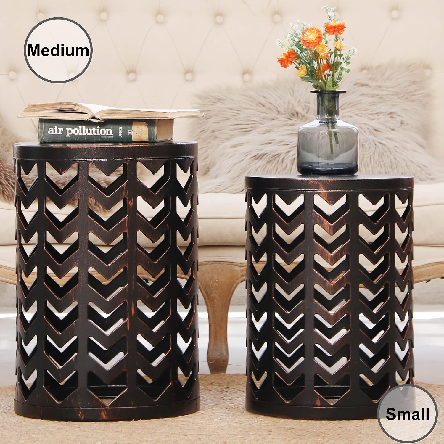 Y&M Set of 3 Heavy-Duty Round End Table, Side Table, Coffee Table for Indoor Multifunctional Use, Outdoor Decorative Garden Stool Plant Stand-Retro Black with Bronze (Ship from US)