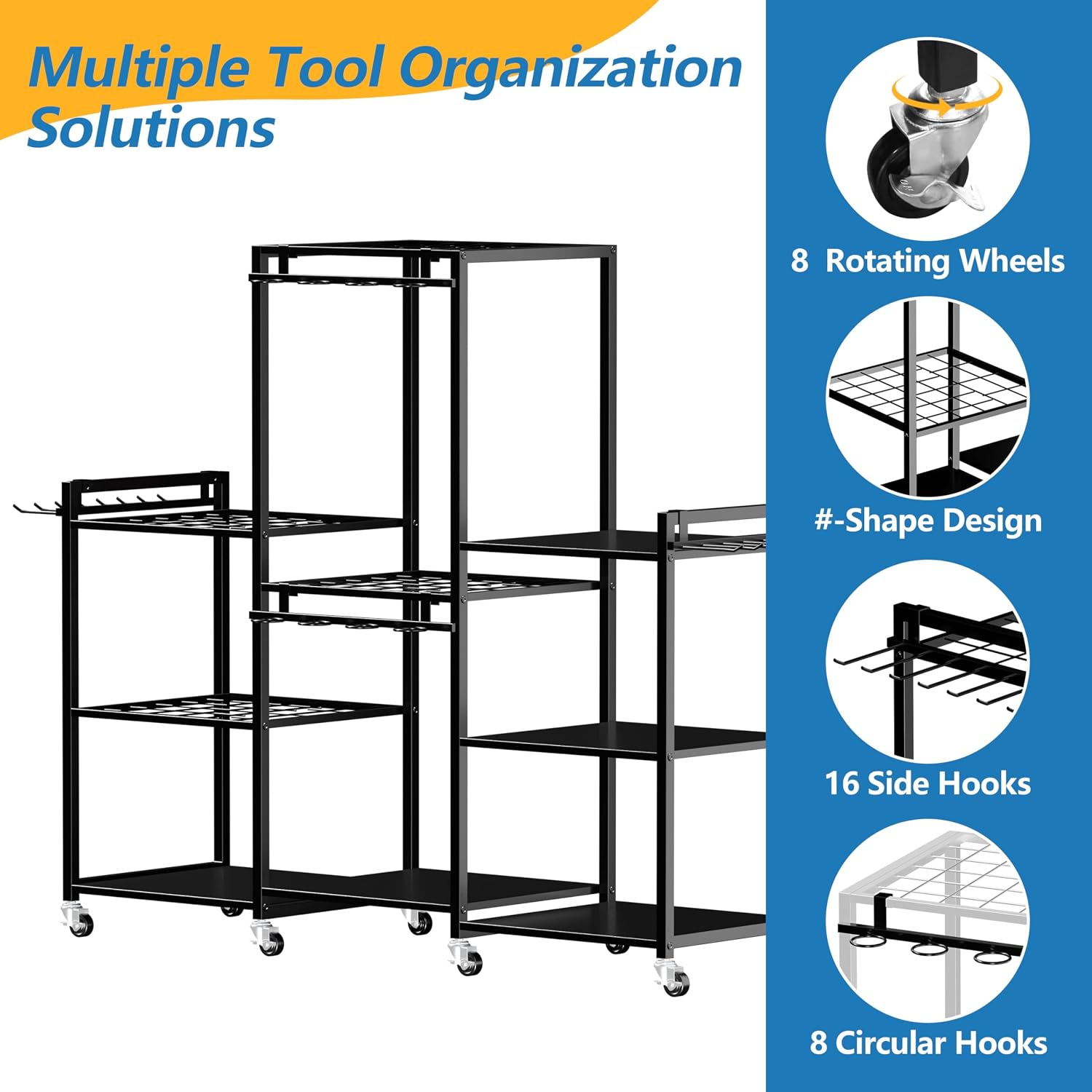 ROGMARS Garden Tool Organizer with Wheels for Garage,49' Heavy Duty 3 Tier Yard Tool Holder Storage Rack with Large Hooks for Shed/Yard/Broom/Lawn/Long-Handled Garden Cart