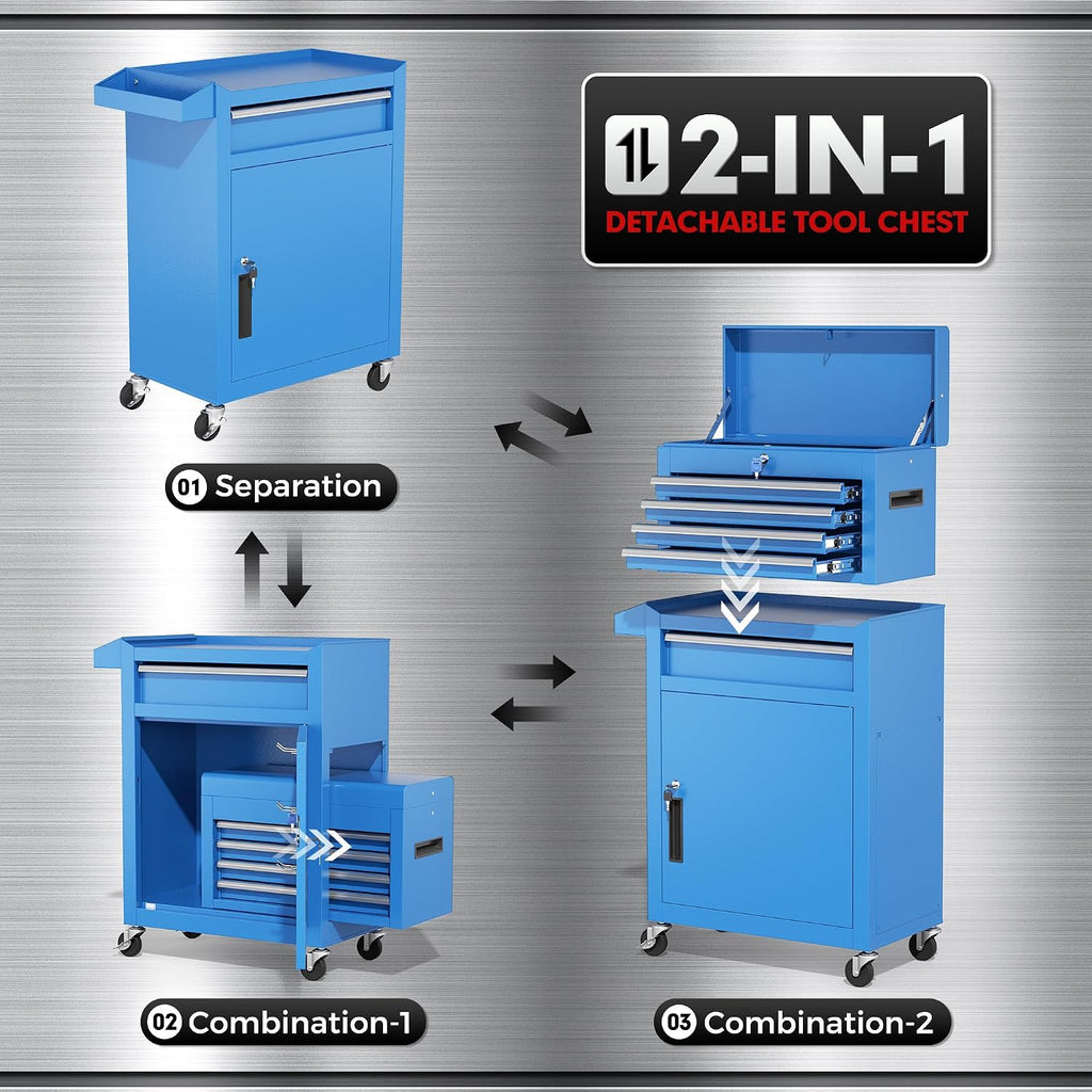 INTERGREAT Blue Tool Chest, 5-Drawer Rolling Tool Chest with Detachable Top Tool Box, Tool Chests with Universal Lockable Wheels, Metal Tool Cart for Garage, Workshop, Barbershop