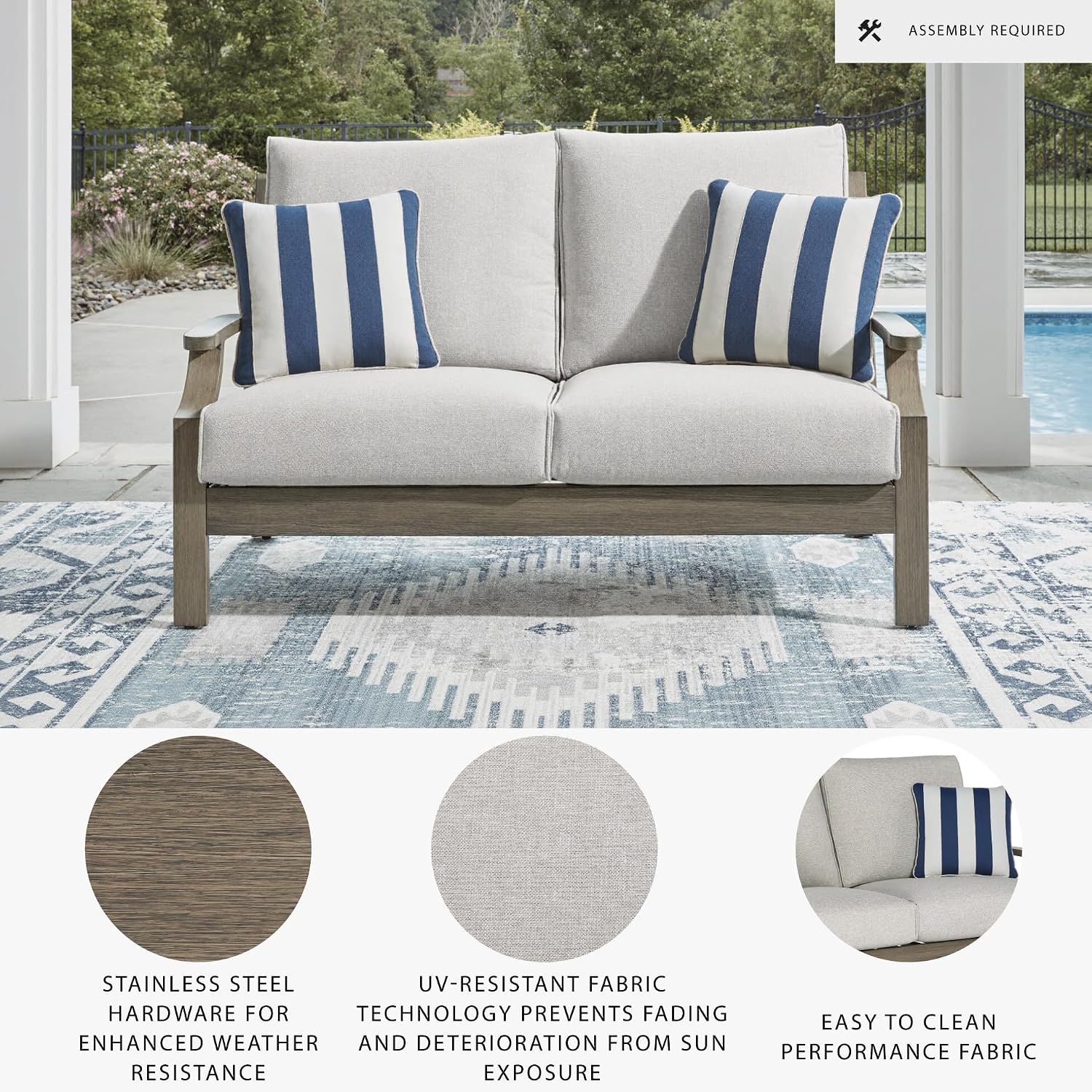 Signature Design by Ashley Rainier Ranch Casual Nuvella Weather Resistant Fabric Outdoor Loveseat with Cushion and 2 Accent Pillows, Light Brown & Light Gray