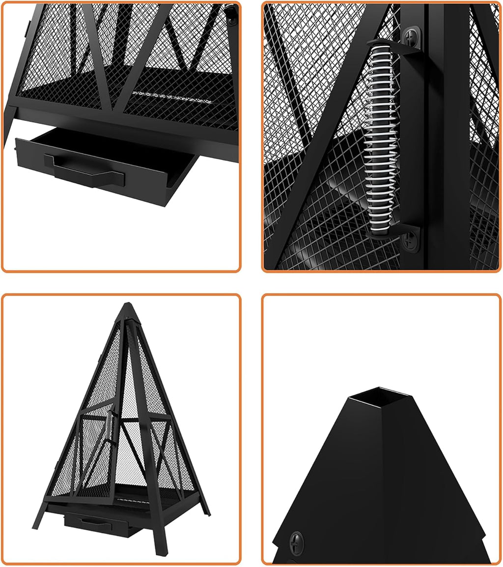 Kingson Pyramid Fire Pit, Heavy-Duty Steel Smokeless Wood Burning Fire Bowl for Outdoor Patio Garden Backyard, Bohemian & Meditation Decor
