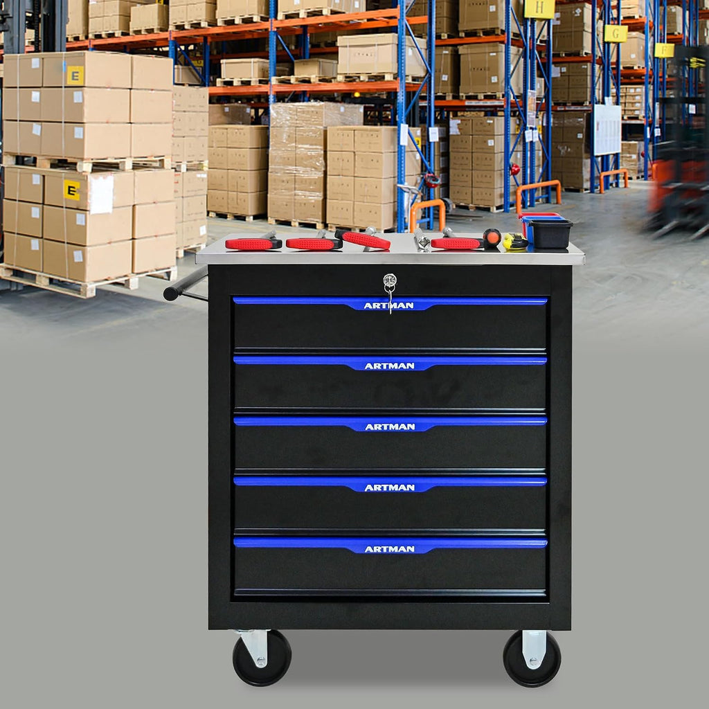 5-Drawer Heavy-Duty Rolling Steel Tool Cart with Handle&Wheels, Metal Storage Organizer Cabinet, Tool Chest for Efficient Tool Storage in Garage, Warehouse, Workshop, Repair Shop, Blue