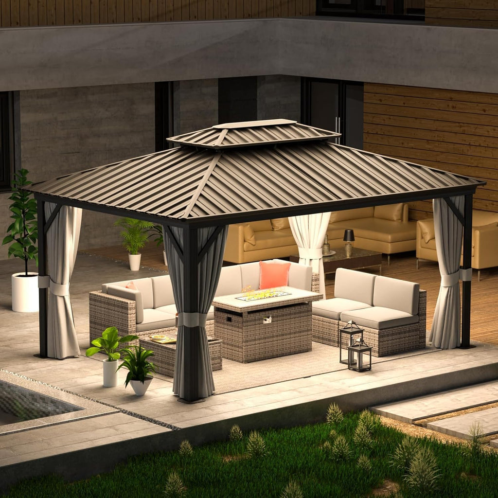 oneinmil Hardtop Gazebo 12FT X 16FT, Outdoor Pergolas with Mosquito Netting and Curtains, Galvanized Steel Double Roof Permanent Aluminum Gazebo, for Gardens, Decks, Patios, Parties