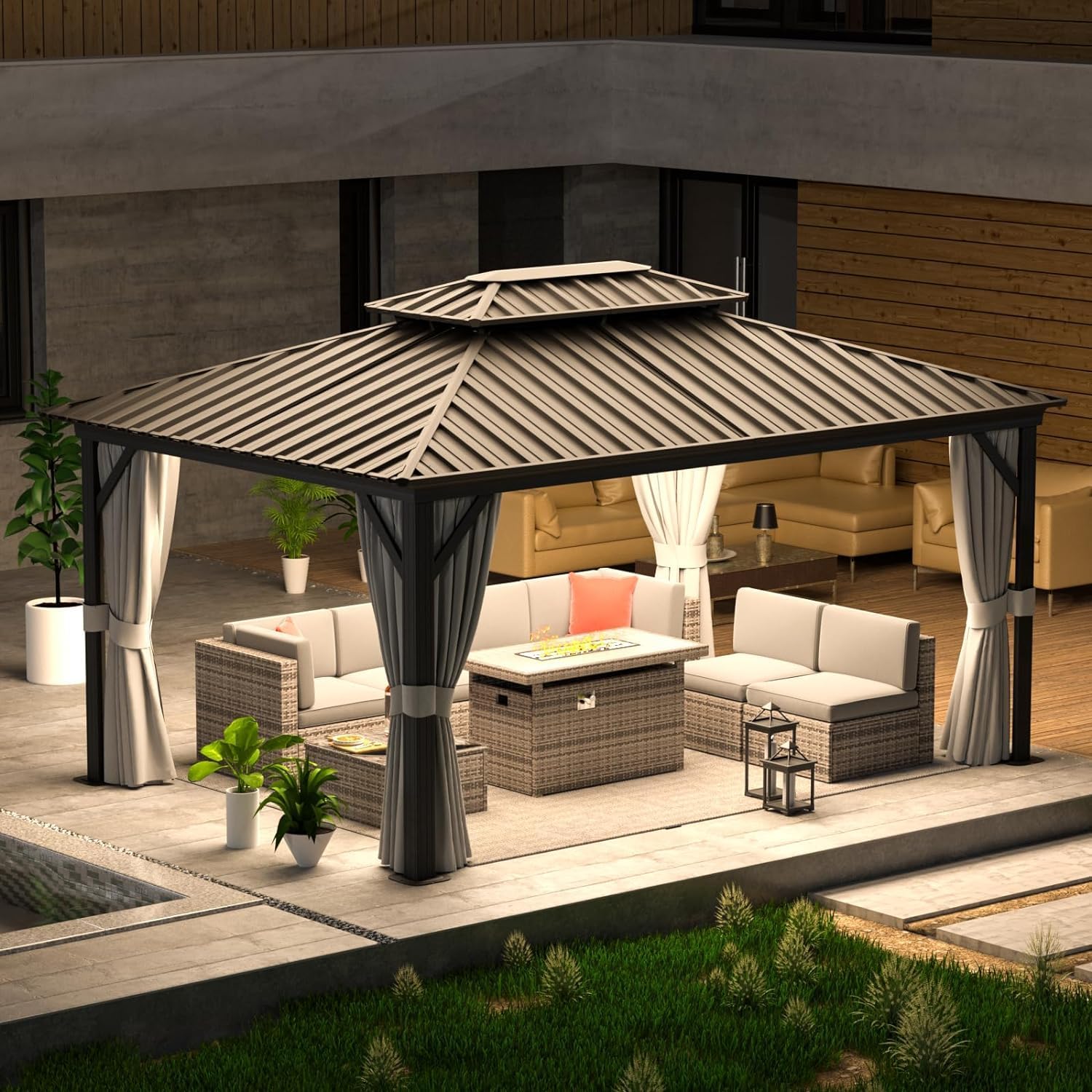 oneinmil Hardtop Gazebo 12FT X 16FT, Outdoor Pergolas with Mosquito Netting and Curtains, Galvanized Steel Double Roof Permanent Aluminum Gazebo, for Gardens, Decks, Patios, Parties