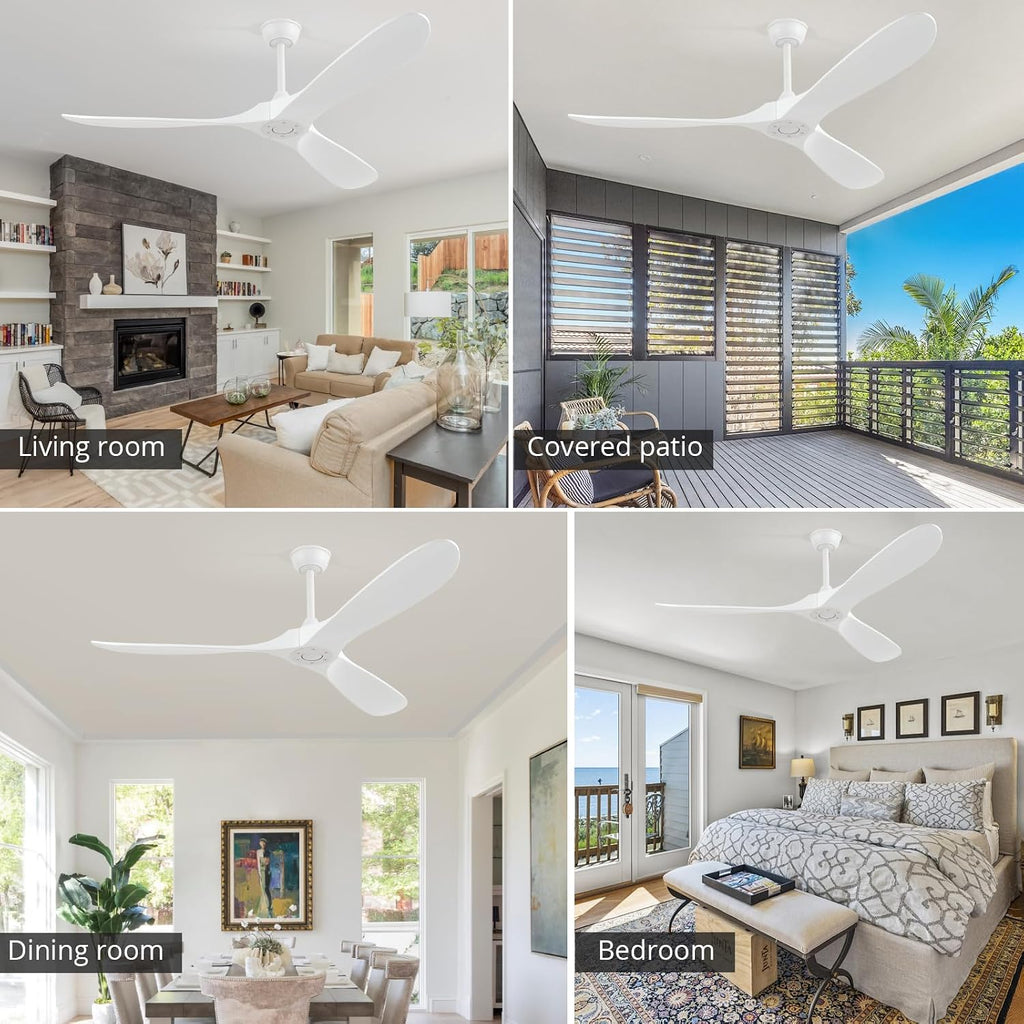 60'' Outdoor Ceiling Fan without Light,Quiet and Large Airflow with Speed Memory Function,White Ceiling Fan no Light for Living Room,Bedroom,Porch