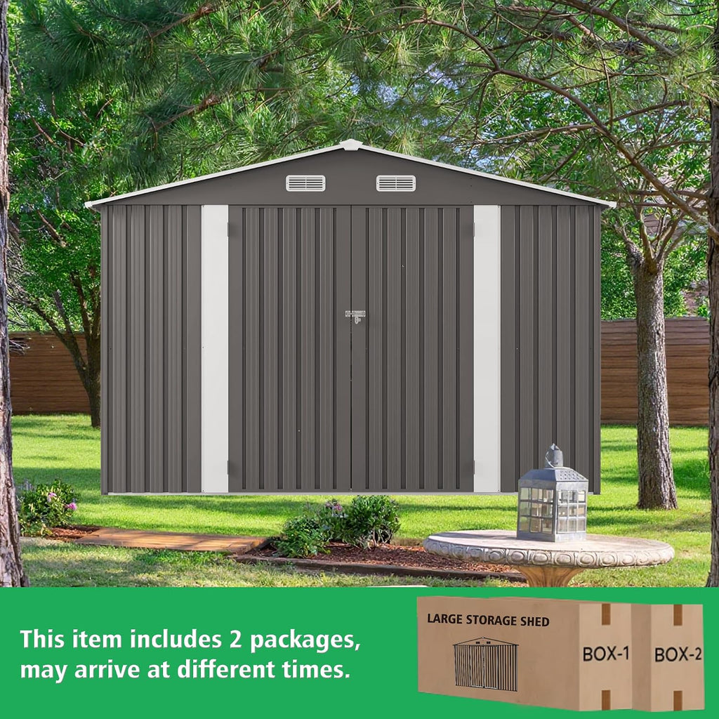 10x12 FT Outdoor Metal Storage Shed, Large Garden Backyard Tool Shed with Lockable Door, Windows and Vents, Multi-Purpose Outside Bike Storage Sheds for Patio, Lawn, Poolside, Generator, Gray
