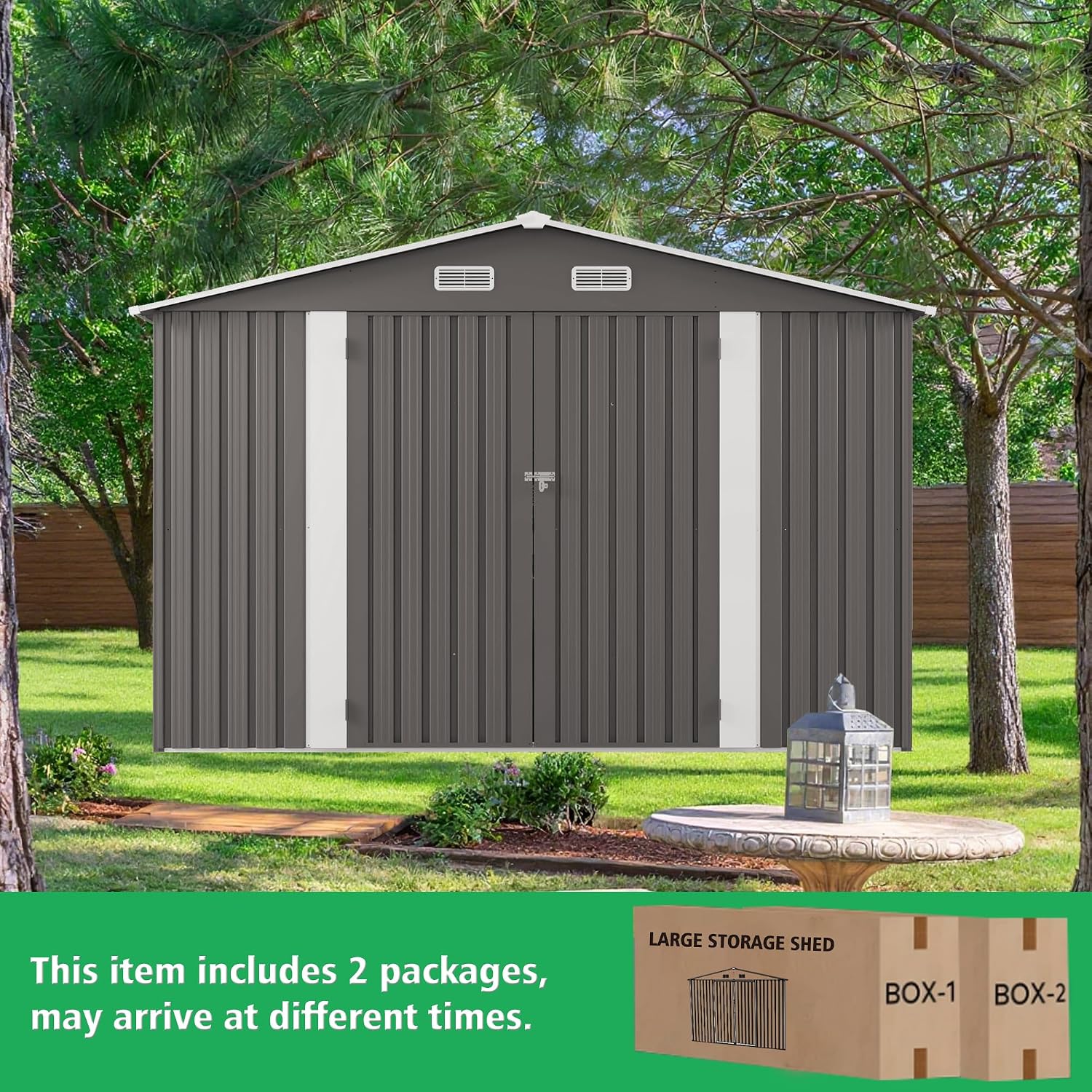 10x12 FT Outdoor Metal Storage Shed, Large Garden Backyard Tool Shed with Lockable Door, Windows and Vents, Multi-Purpose Outside Bike Storage Sheds for Patio, Lawn, Poolside, Generator, Gray