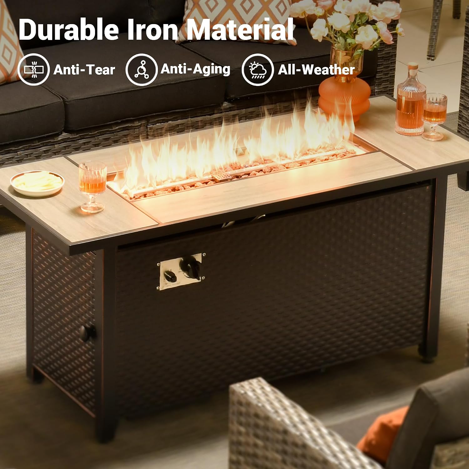 OVIOS 54 Inch Outdoor Patio Fire Pit Table, 50,000 BTU Heater Metal Steel Frame Propane Firepits with Ceramic Tabletop, Waterproof Cover, Lid, Lava Rock, Rectangular, Black