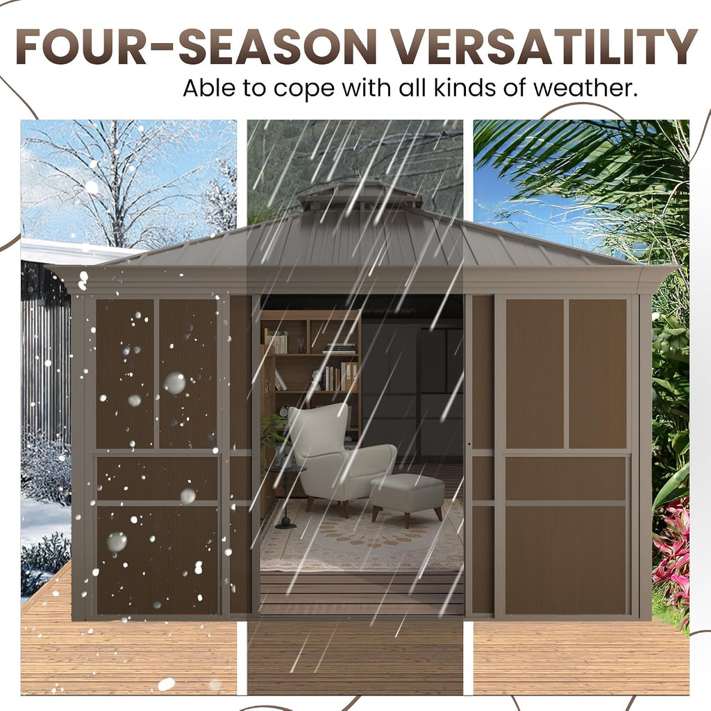 EROMMY 12' X 24' Hardtop Sunroom, Galvanized Steel Double Roof Gazebo Solarium with Detachable Windows & Lockable Doors, All-Weather Sun Room for Patio Deck Backyard