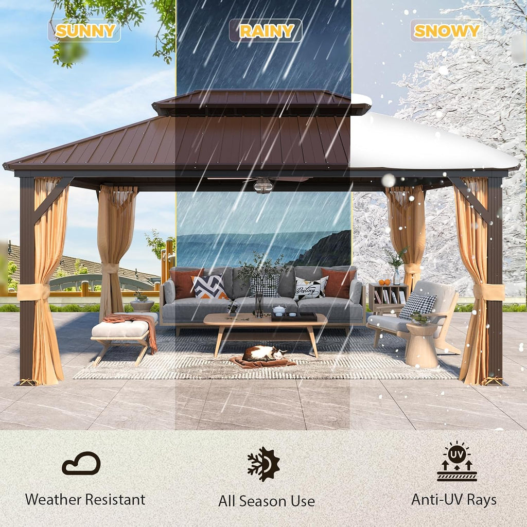 YOLENY 12' x 16' Gazebo Hardtop with Aluminum Frame,Galvanized Steel Double Roof Gazebos with Curtain and Netting,Outdoor Metal Pergolas for Garden, Lawn, Deck, Brown
