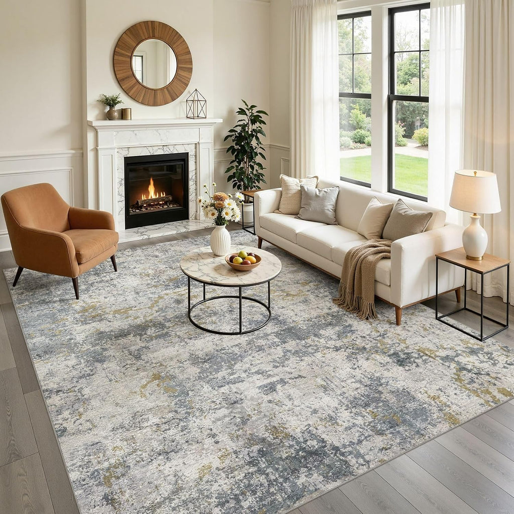kakania 10x12 Washable Area Rug: Abstract Modern Non Slip Soft Low Pile Carpet, Easy Clean Polyester Kid Pet Friendly, Thin Rug for Living Room Bedroom Kids Dorm Office, Robot Vacuum - Blue Grey