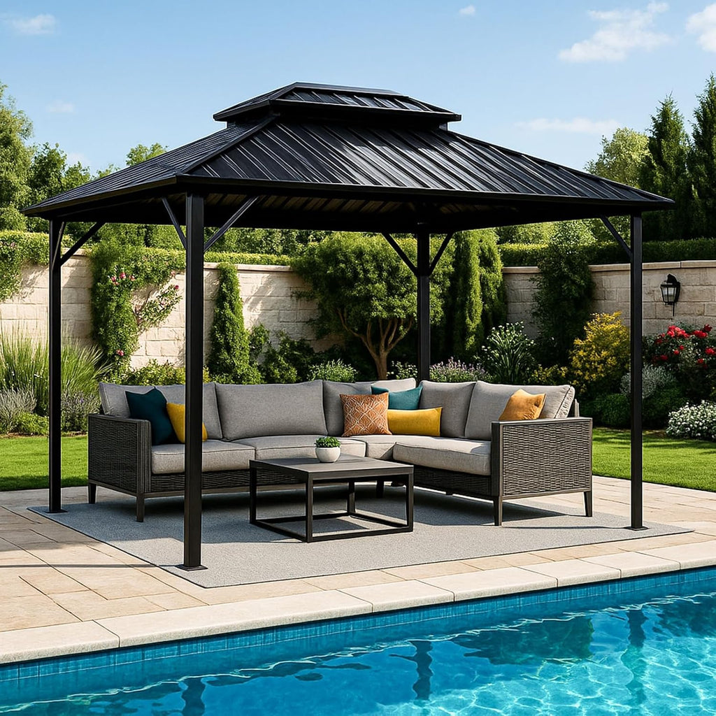 10x10 Hardtop Aluminum Gazebo, Outdoor Metal Gazebo with Netting & Curtains - Heavy Duty Iron Roof for Patios, Waterproof & Snow Load Resistant (Double Hardtop No Curtain & Netting)