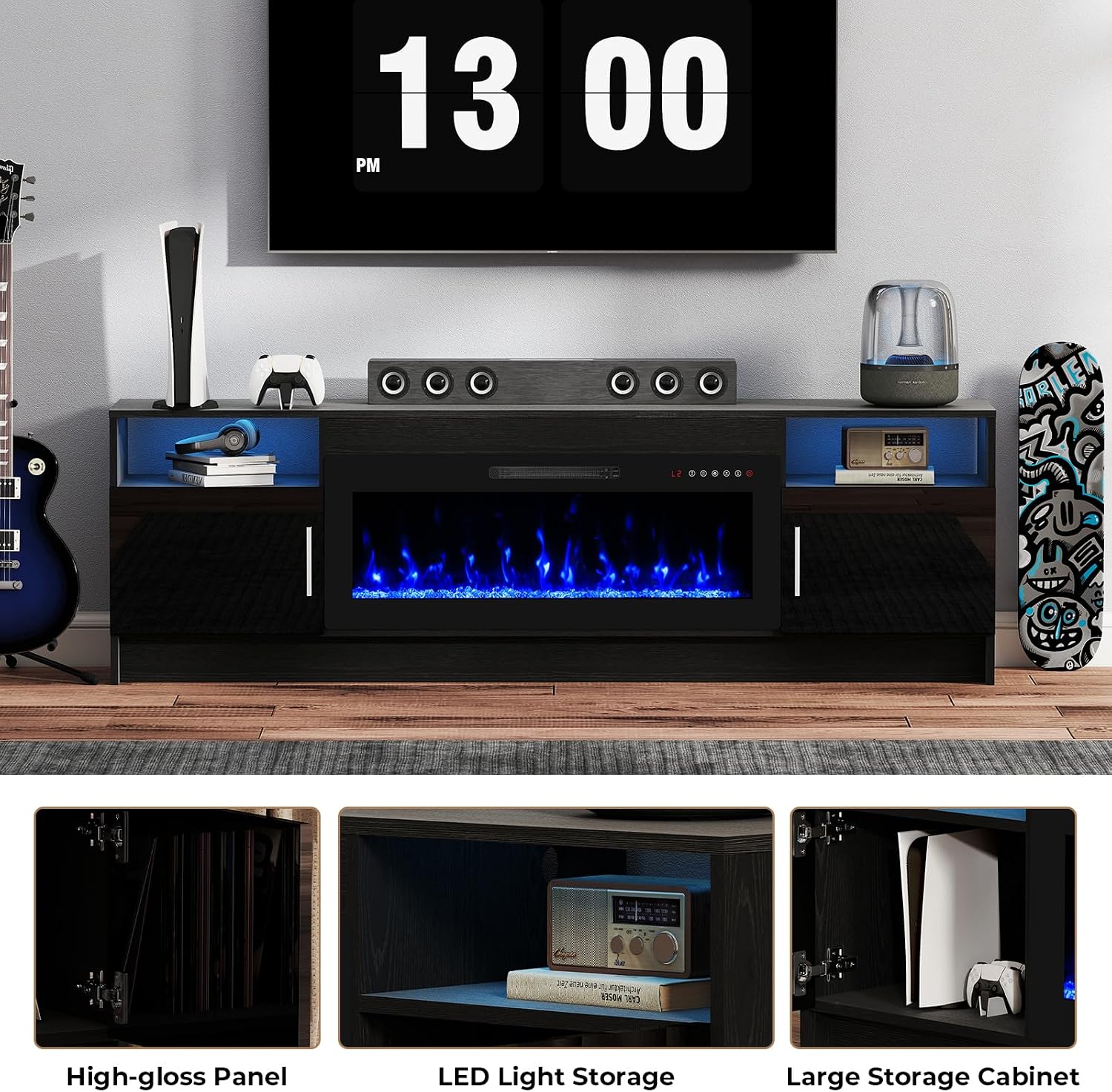 70' TV Stand with Fireplace for TVs Up to 80', LED Light Media Console with 36' Electric Heater, Storage Cabinet, Entertainment Center for Living Room, Black