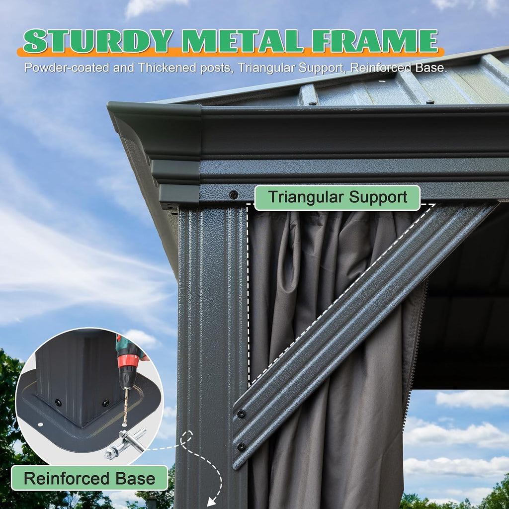 Domi 10x14FT Hardtop Gazebo, Outdoor Gazebo with Double Galvanized Steel Roof, Metal Pavilion Shelter for Patio, Lawn and Garden, Detachable Curtain and Netting Included, Gray