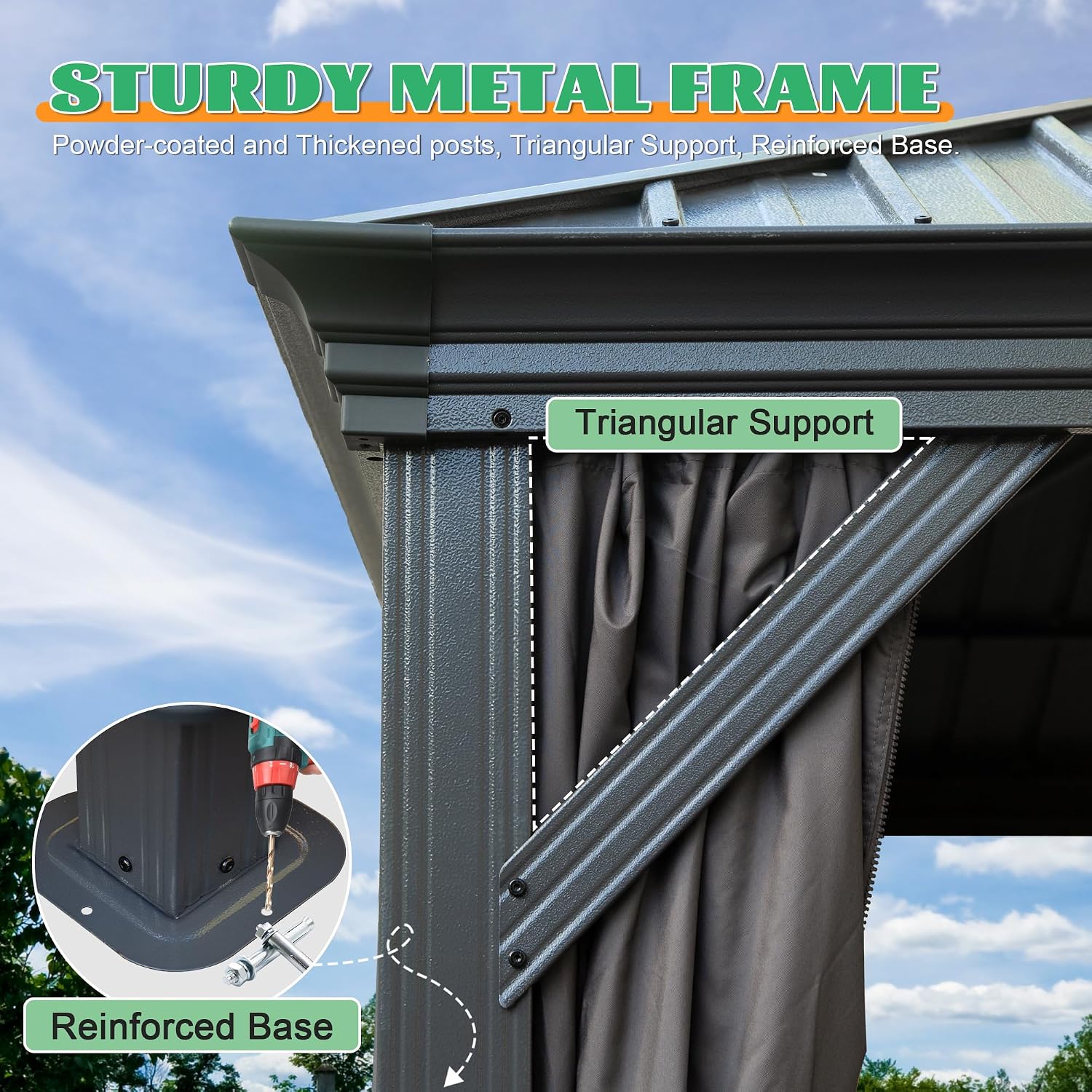 Domi 10x14FT Hardtop Gazebo, Outdoor Gazebo with Double Galvanized Steel Roof, Metal Pavilion Shelter for Patio, Lawn and Garden, Detachable Curtain and Netting Included, Gray