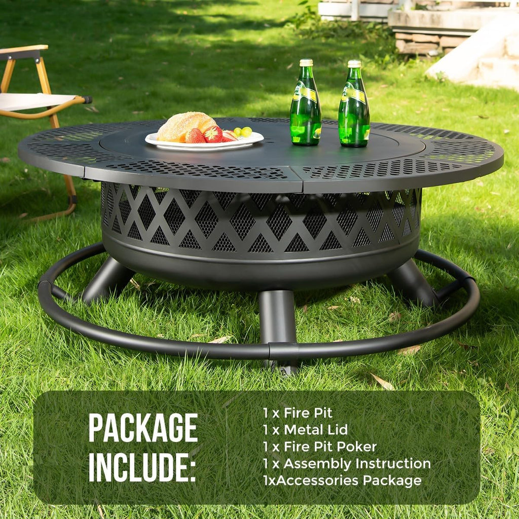 Panovue 42 Inch Outdoor Fire Pit with Grill, Large Firepit Table for Outside, Metal Round Firepits with Lid&Fire Poker,3 in 1 Wood Burning Fire Pits & Outdoor Fireplaces for Backyard,Patio(42'' Black)