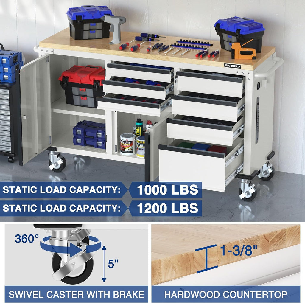 WORKPRO 62' Rolling Tool Chest, Heavy Duty Mobile Tool Storage Cabinet with 7-Drawer & 2-Door, Power Strip, Locking System, 1000 LBS Capacity Rolling Cabinet for Garage, Kitchen & Warehouse