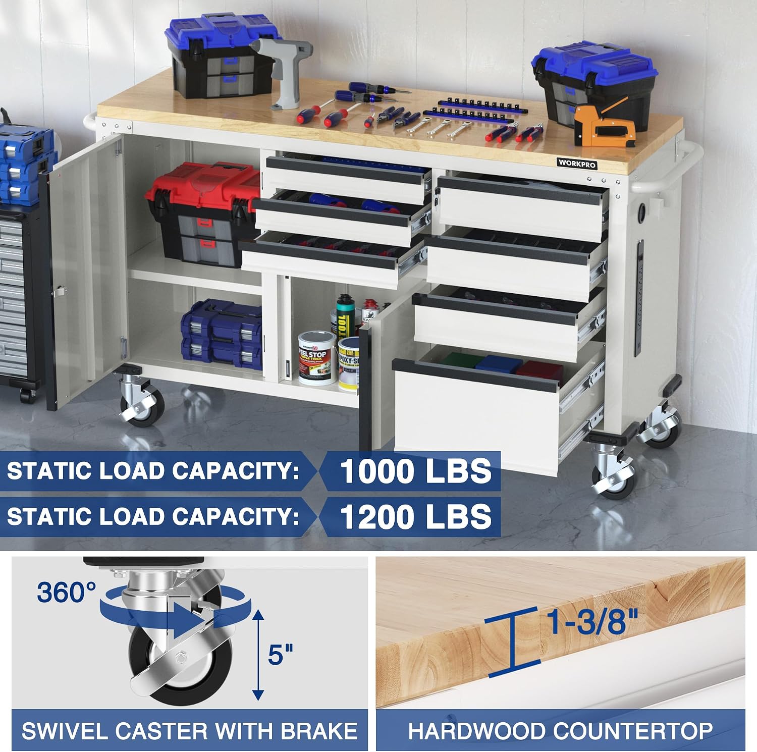 WORKPRO 62' Rolling Tool Chest, Heavy Duty Mobile Tool Storage Cabinet with 7-Drawer & 2-Door, Power Strip, Locking System, 1000 LBS Capacity Rolling Cabinet for Garage, Kitchen & Warehouse