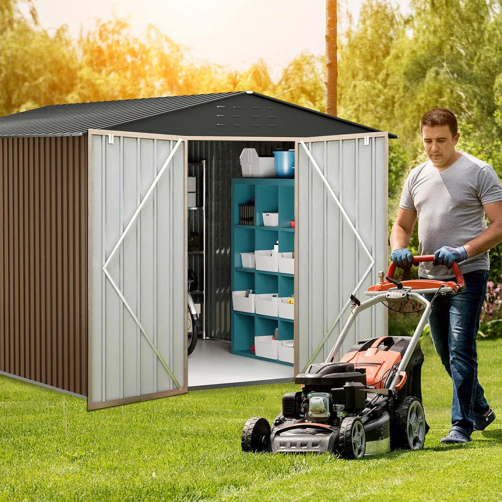 10x12 FT Outdoor Metal Storage Shed, Metal Garden Tool Shed with Lockable Doors, Large Utility Tool Storage Sheds for Patio Lawn Backyard Outside Use, Brown
