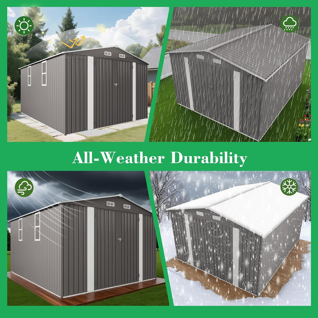 10x12 FT Outdoor Metal Storage Shed, Large Garden Backyard Tool Shed with Lockable Door, Windows and Vents, Multi-Purpose Outside Bike Storage Sheds for Patio, Lawn, Poolside, Generator, Gray