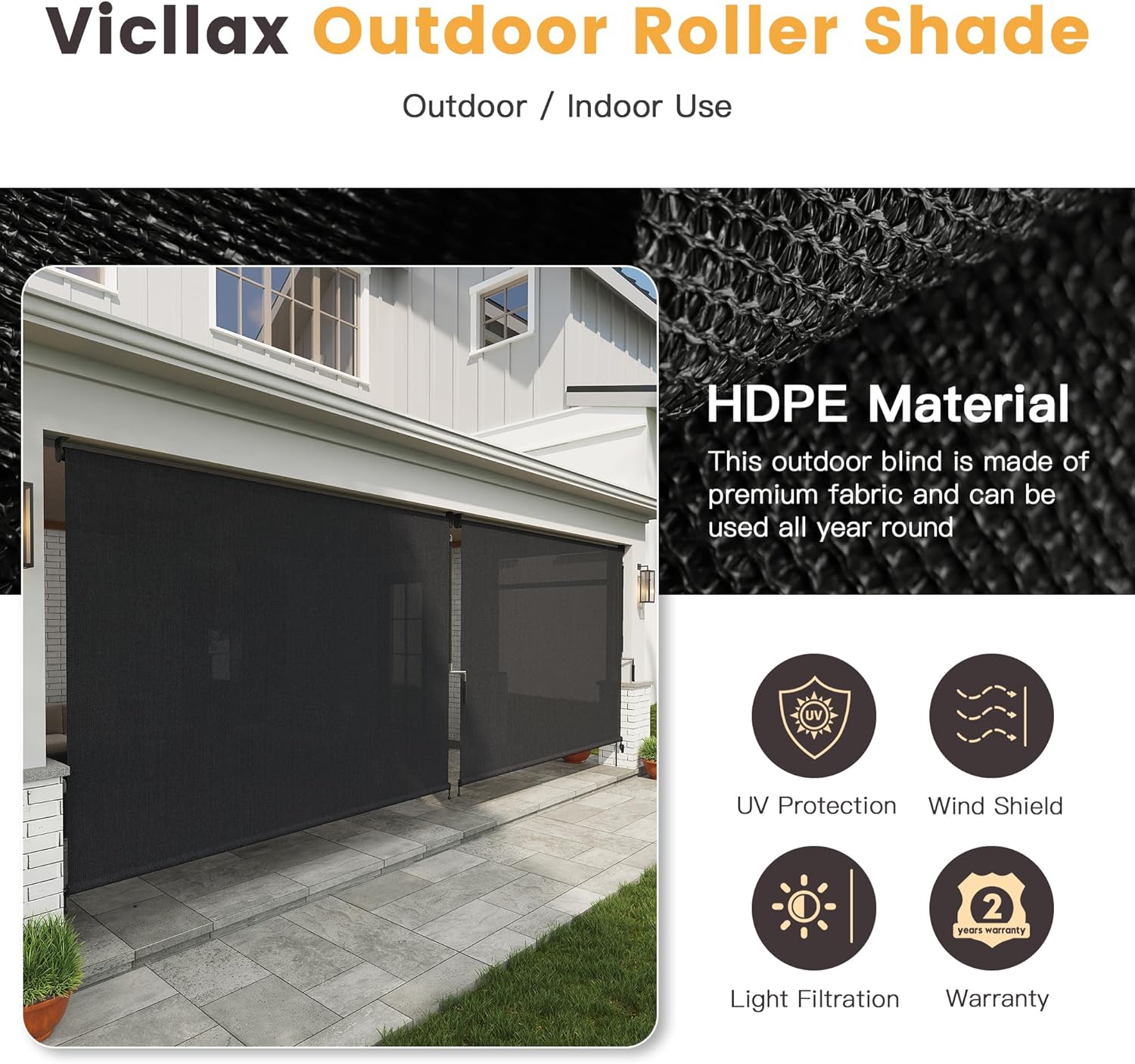 VICLLAX Outdoor Roller Shade Fabric for Porch Gazebo, Patio Cordless Blinds Roll Up Shade (9' W X 8' L), Graphite Black