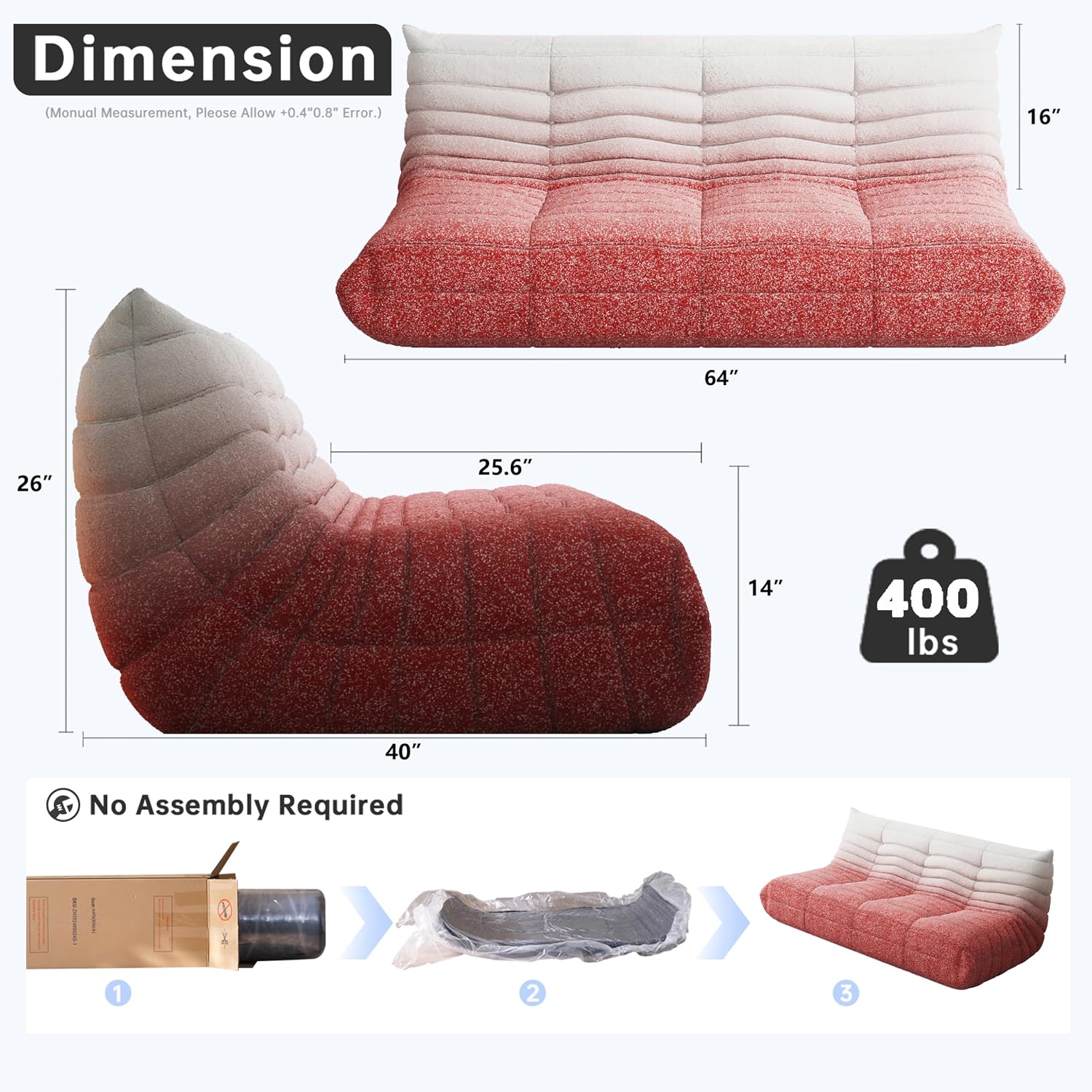 WHGBJA Bean Bag Chairs for Adults, BeanBag Reading Chair Memory Foam Couch 3-Seater, Floor Chair Soft Teddy Material, Comfy Reading Nook Chairs for Bedroom Living Room Office (Pink White)