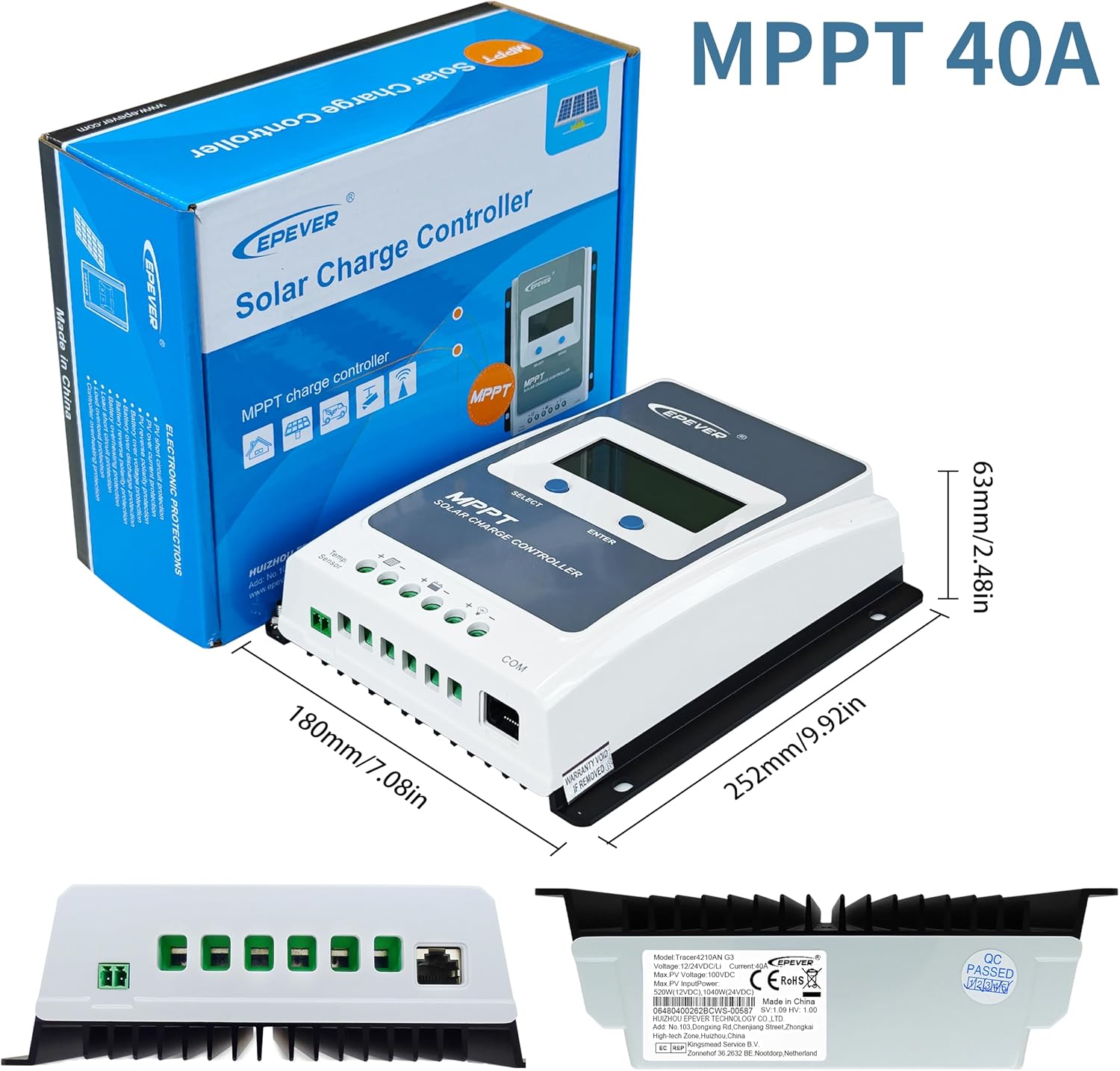 EPEVER MPPT Solar Charge Controller 40A 12V 24V Auto Max PV 100V Solar Panel Regulator Common Negative Ground LCD Display Tracer4210AN G3 for Gel Flooded Sealed LiFePO4 Lithium Battery (40A MPPT)