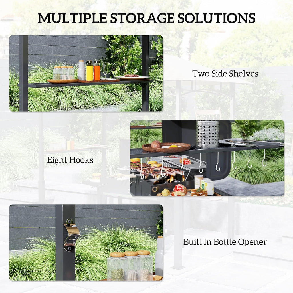 Outsunny 8' x 5' Grill Gazebo, Double Tiered Outdoor BBQ Gazebo with LED Light, 2 Side Shelves, Hooks and Bottle Opener for Patio Deck Yard, Khaki
