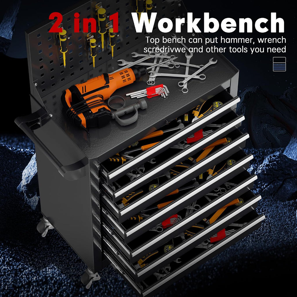 Superday Rolling Tool Chest, 7 Drawer Portable Tool Chest with Wheels, Tool Storage Cabinet with Lock for Garage, Steel Tool Cart with Pegboard & Hooks for Workshop, Warehouse (Black)