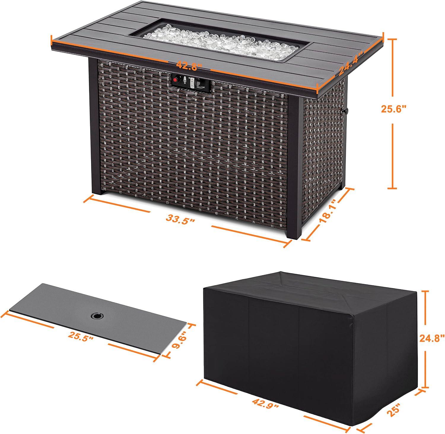 Nuu Garden 43' Propane Fire Pit Table, 50,000 BTU CSA Certified Outdoor Gas Fire Pit with Aluminum Tabletop, Removable Lid, 7 lbs Glass Rocks & Waterproof Oxford Cover, Brown