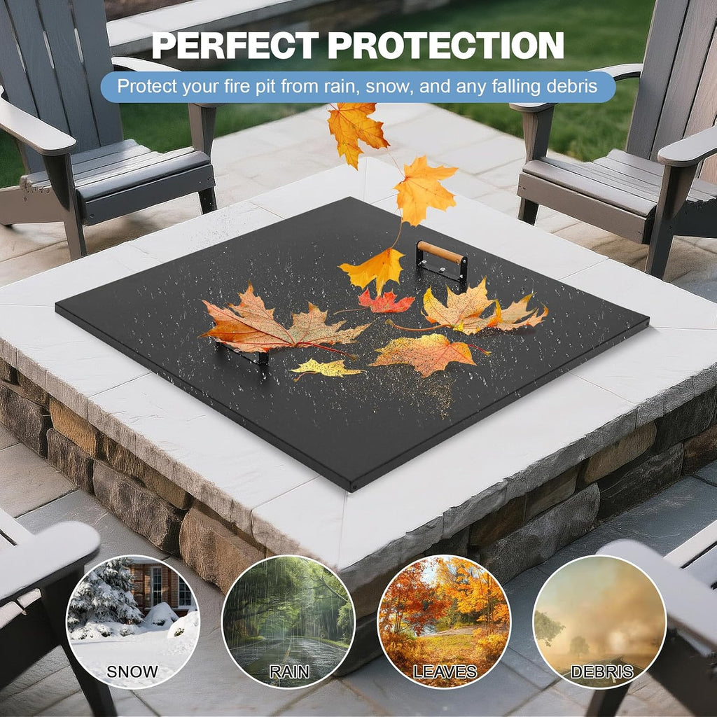 Fire Pit Lid Square 34', Heat Resistant Metal Firepit Cover with 2 Wooden Handles for Square Patio Fire Pit, Compatible for Firepits Inside Dia Up to 32'