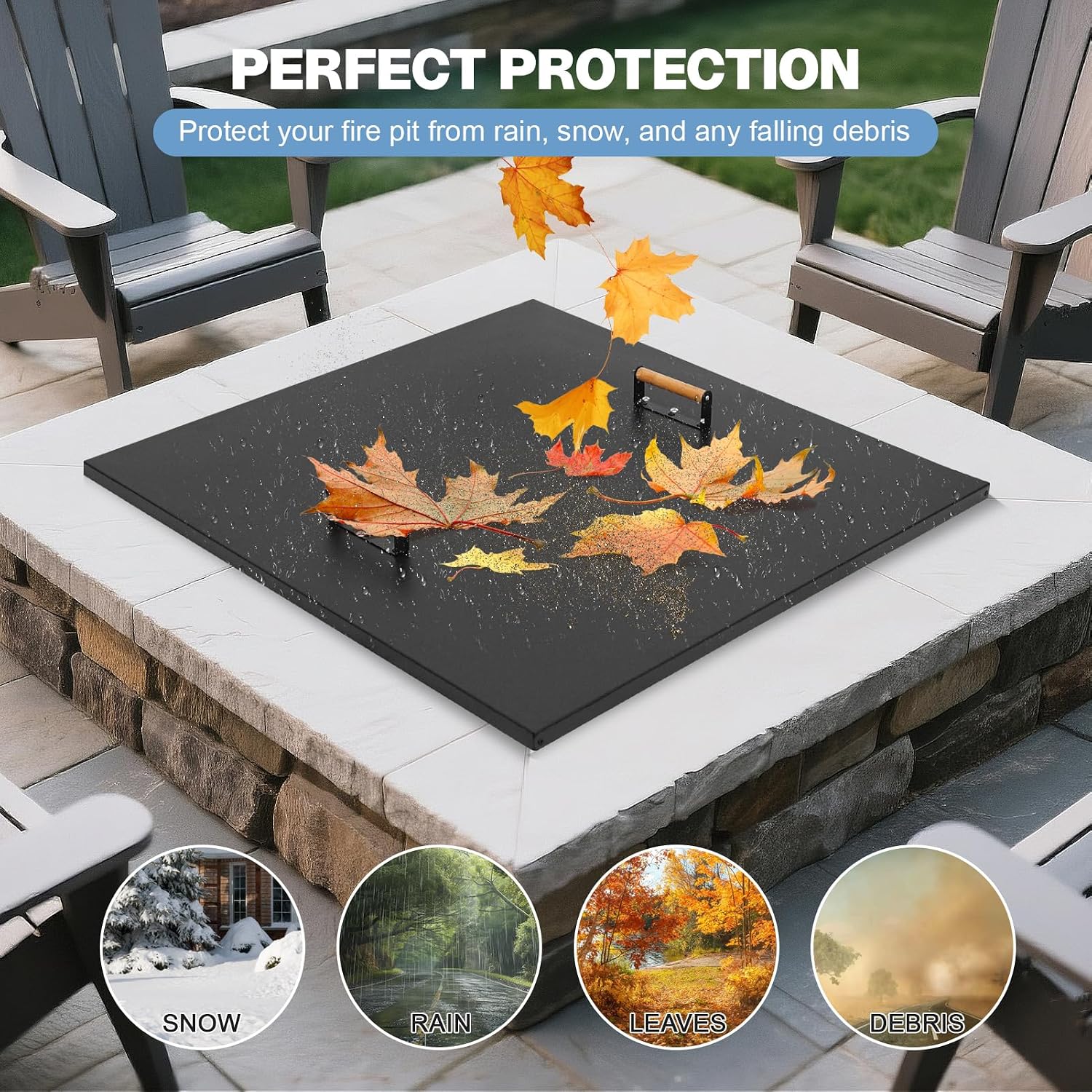 Fire Pit Lid Square 34', Heat Resistant Metal Firepit Cover with 2 Wooden Handles for Square Patio Fire Pit, Compatible for Firepits Inside Dia Up to 32'