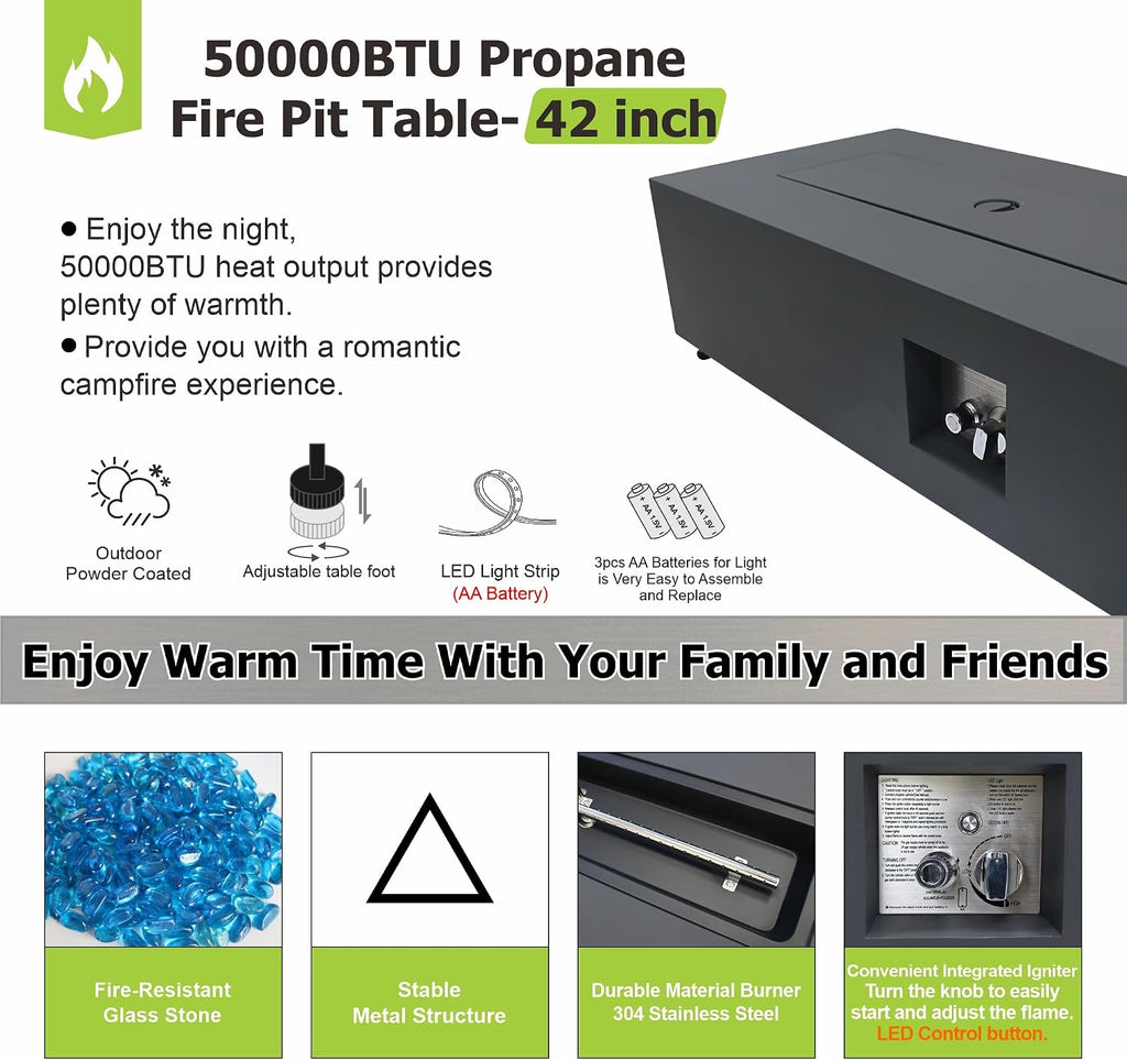 Dineli 2-Piece Outdoor Propane Fire Pit Table Set w Tank Table 42'' Rectangular Gas Fire Pits for Outside Patio 2-in-1 Table Fire Pit Tabletop w LED, 50,000 BTU (Black with RGB Light)