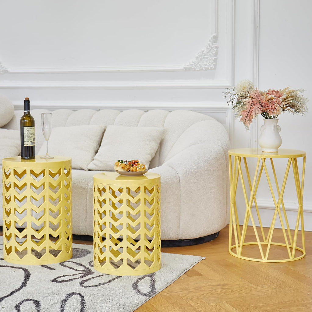 Y&M Set of 3 Nesting Metal Round Coffee Table, Side Table End Table for Indoor Outdoor Multifunctional Use,Heavy Duty Metal Plant Stand Decorative Garden Stool- Yellow(Ship from US)