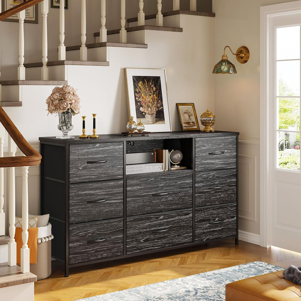 EnHomee Black Dresser for Bedroom with Charging Station, 8 Drawers Dressers & 55 inch TV Stand for Bedroom, Fabric Chest of Drawers with Open Shelves, Sturdy Dresser for Living Room, Hallway
