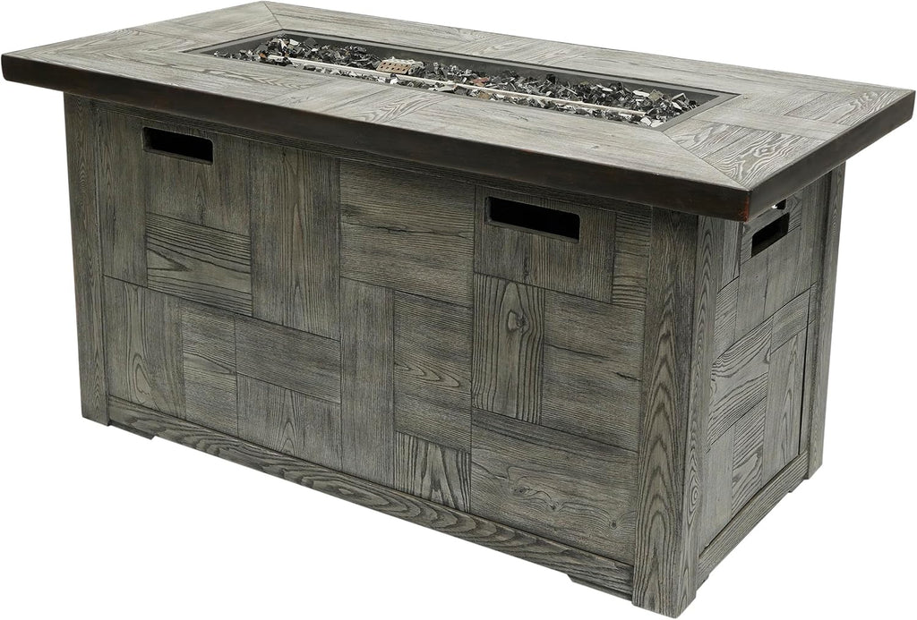 Alpine Corporation GXT974 Rectangular Wood Look Fire Pit Table with 50K BTU & Adjustable Flame, Cozy Patio Décor, 24' H, Gray