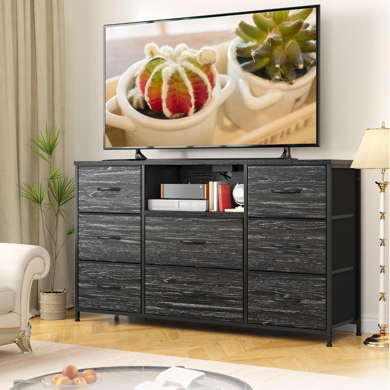 EnHomee Black Dresser for Bedroom with Charging Station, 8 Drawers Dressers & 55 inch TV Stand for Bedroom, Fabric Chest of Drawers with Open Shelves, Sturdy Dresser for Living Room, Hallway