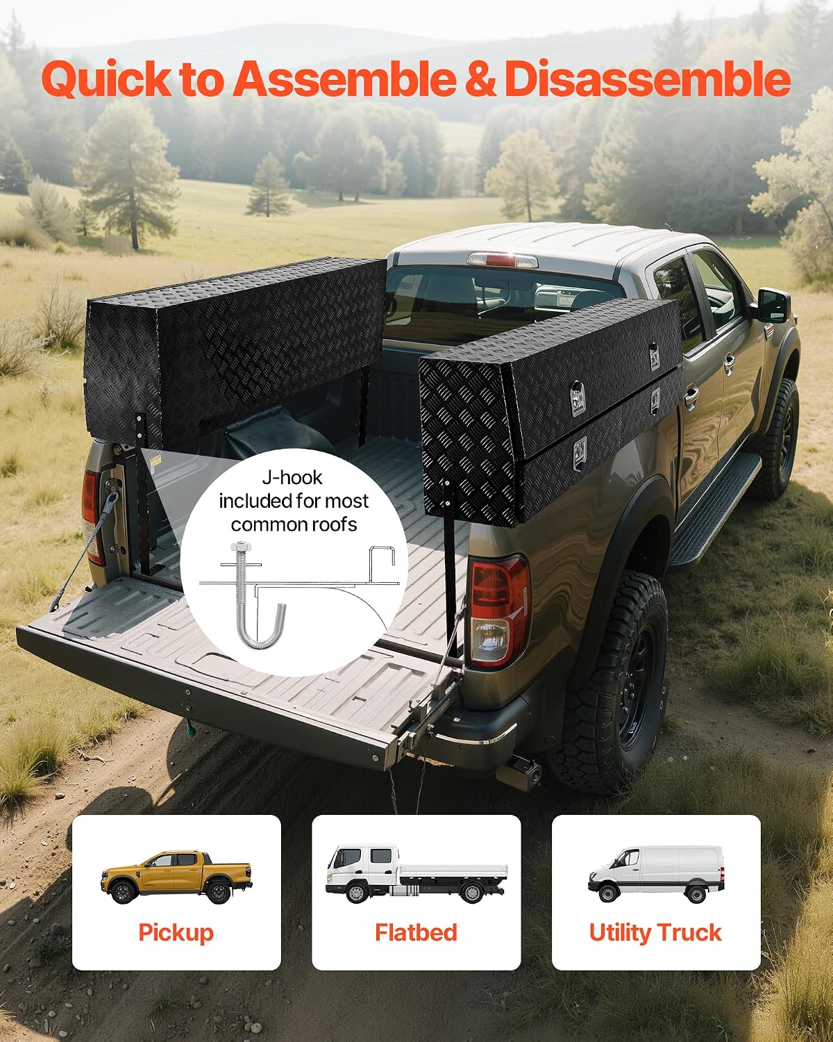 VEVOR Contractor Truck Tool Box, 72 x 21 x 13 in, Black Tread Aluminum TopSider Toolbox with Two Lower Drawers, Flip Up Door, Weather-Resistant Heavy Duty Storage Box with Latch, for Truck Bed Pickup