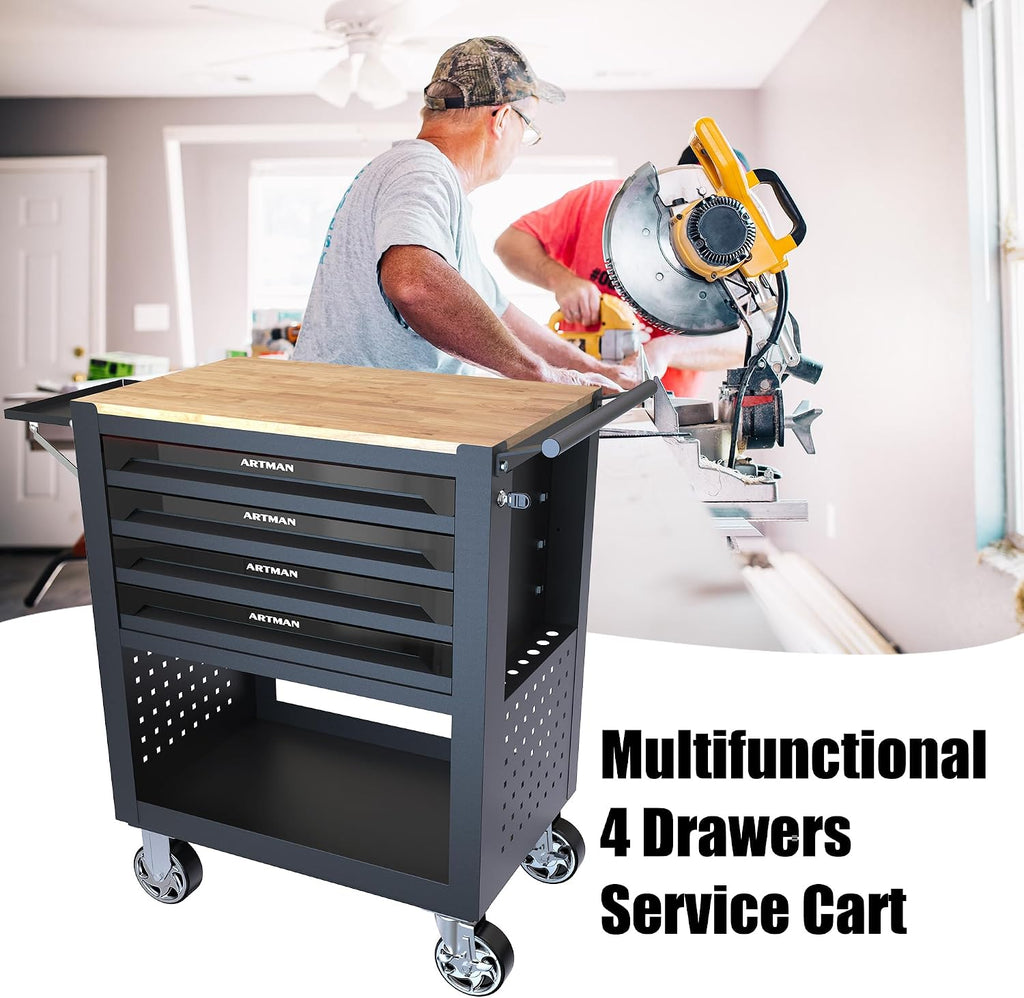 JOYBASE Rolling Tool Chest with 4 Drawers & Wood Top, Heavy Duty Steel Tool Cart on Wheels, Mobile Garage Organizer & Storage Cabinet for Workshop & Mechanic (Black)