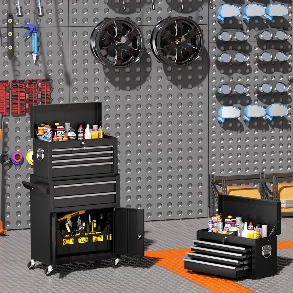 INTERGREAT 8-Drawers Rolling Tool Chest, Assembled Tool Chest with Wheels, Detachable Top Tool Box, Tool Cabinet for Repair Room,Warehouse, Rolling Tool Box with Hooks,Tray Divider,Liners(Black)