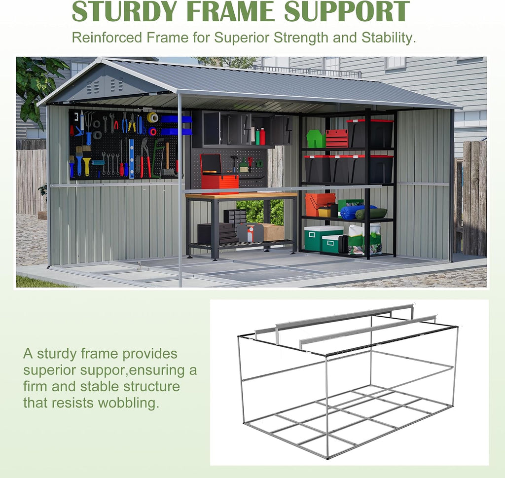 8x12 FT Shed Outdoor Storage Metal Large Garden Tool Sheds with Lockable Doors Floor Frame Gable Roof Waterproof Steel Utility Equipment Sheds for Backyard Patio Lawn Poolside, Grey