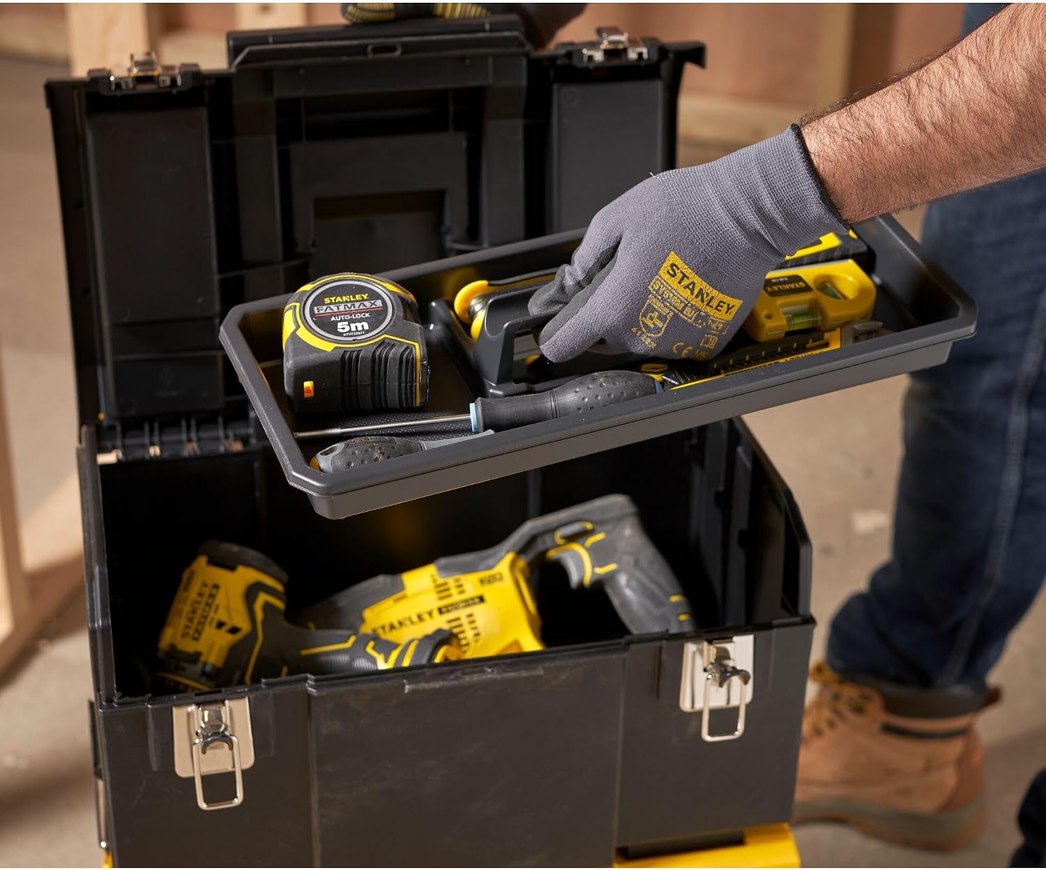 STANLEY 3 in 1 Rolling Work Centre Toolbox with Pull Handle, Detachable Toolbox with Portable Tote Tray, 1-70-326, Black