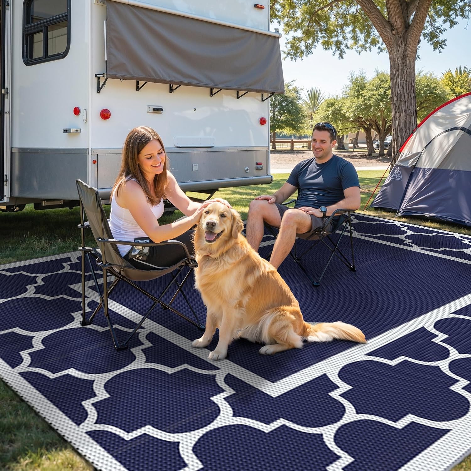 GENIMO 10 ' x 10 ' Outdoor Rug Waterproof for Patio Decor, Foldable Reversible Plastic Straw Area Rugs Mat for Camper, Outside Carpet for Rv, Deck, Porch, Picnic, Beach, Balcony, Blue & White